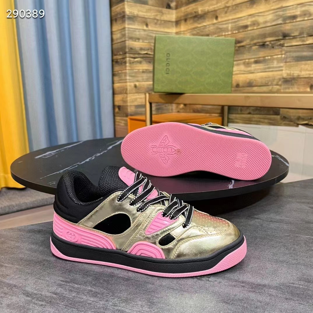 Gucci Unisex Basket Sneaker Gold Metallic Leather Pink Rubber Low 3.3 Cm Heel