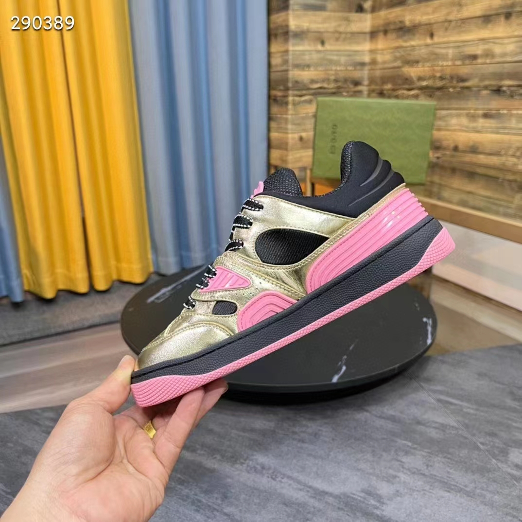 Gucci Unisex Basket Sneaker Gold Metallic Leather Pink Rubber Low 3.3 Cm Heel