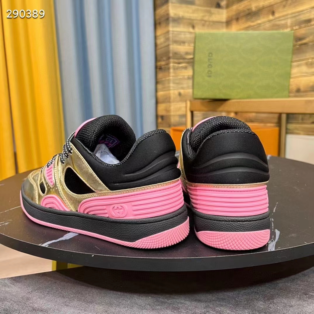 Gucci Unisex Basket Sneaker Gold Metallic Leather Pink Rubber Low 3.3 Cm Heel