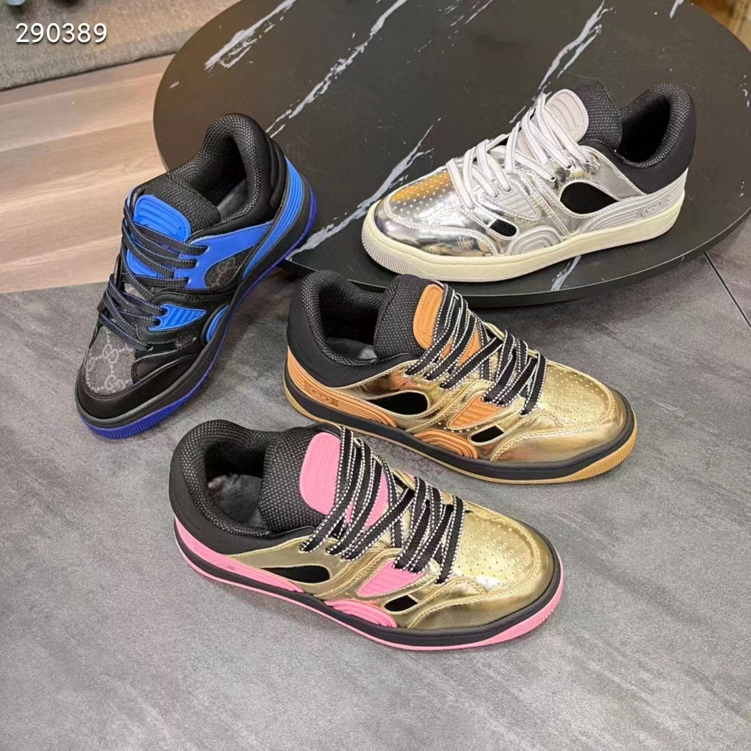 Gucci Unisex Basket Sneaker Gold Metallic Leather Pink Rubber Low 3.3 Cm Heel