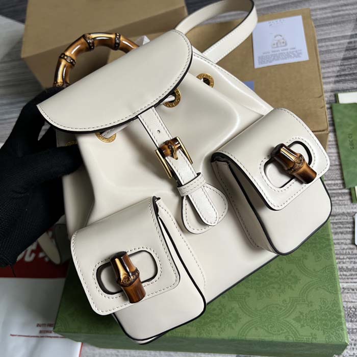Gucci Unisex GG Bamboo Small Backpack White Leather Bamboo Handle