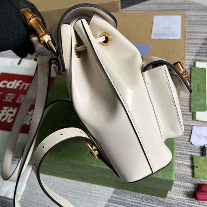 Gucci Unisex GG Bamboo Small Backpack White Leather Bamboo Handle