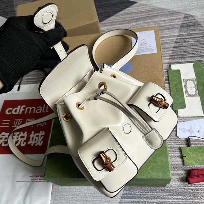 Gucci Unisex GG Bamboo Small Backpack White Leather Bamboo Handle