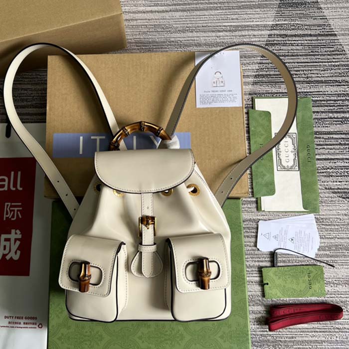 Gucci Unisex GG Bamboo Small Backpack White Leather Bamboo Handle