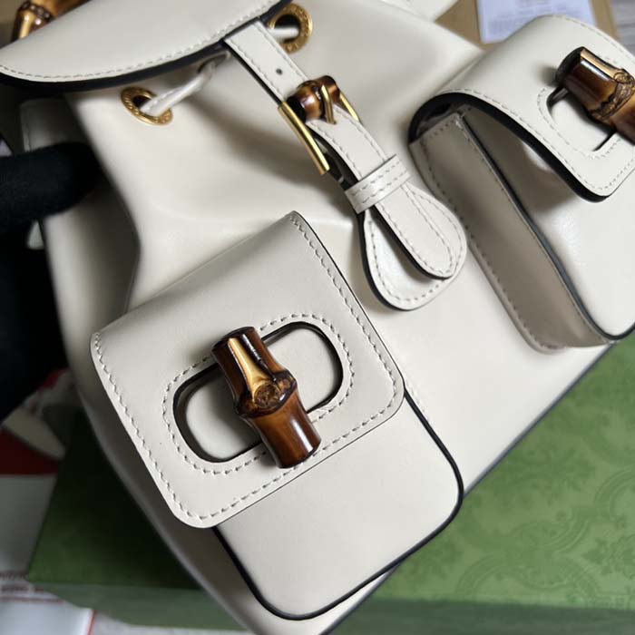 Gucci Unisex GG Bamboo Small Backpack White Leather Bamboo Handle