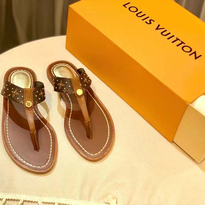 Louis Vuitton LV Sunny Flat Thong Gold Perforated Monogram Canvas Leather Outsole