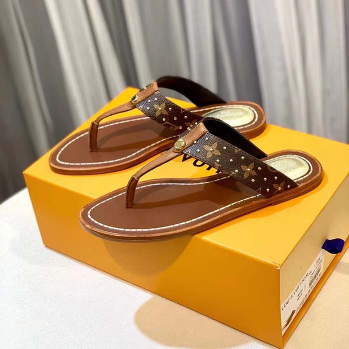 Louis Vuitton LV Sunny Flat Thong Gold Perforated Monogram Canvas Leather Outsole