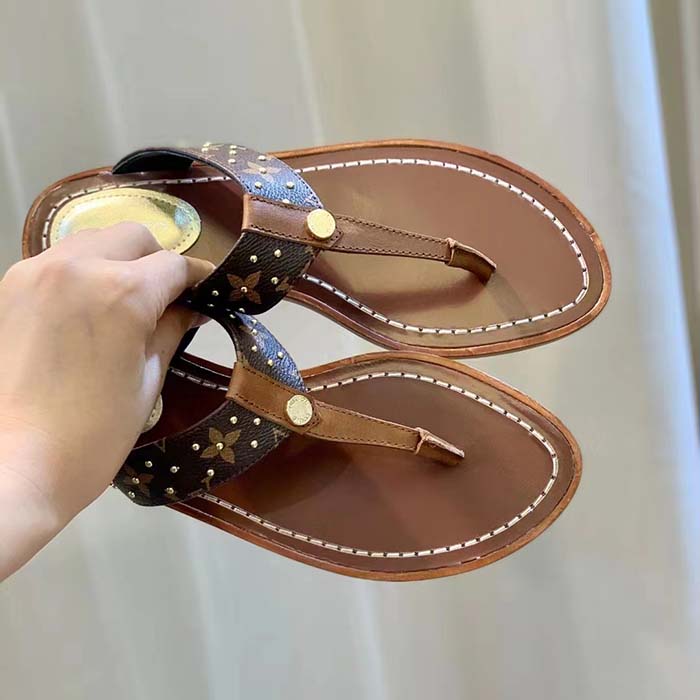 Louis Vuitton LV Sunny Flat Thong Gold Perforated Monogram Canvas Leather Outsole