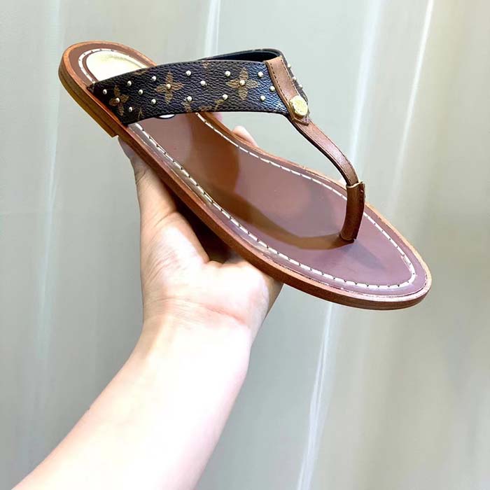 Louis Vuitton LV Sunny Flat Thong Gold Perforated Monogram Canvas Leather Outsole