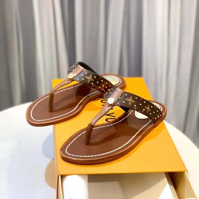 Louis Vuitton LV Sunny Flat Thong Gold Perforated Monogram Canvas Leather Outsole