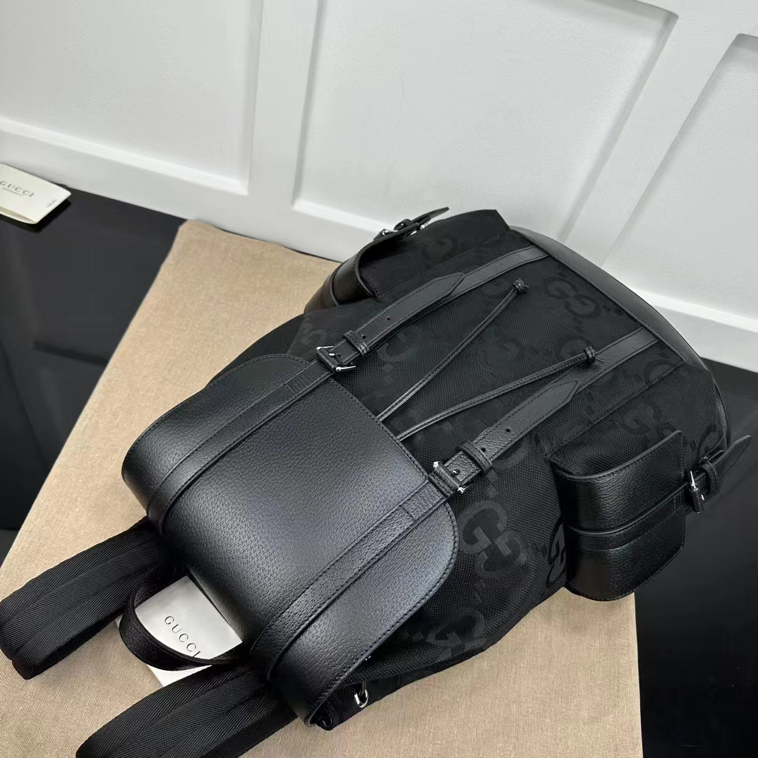 Gucci Unisex Jumbo GG Backpack Black Canvas Leather Cotton Linen
