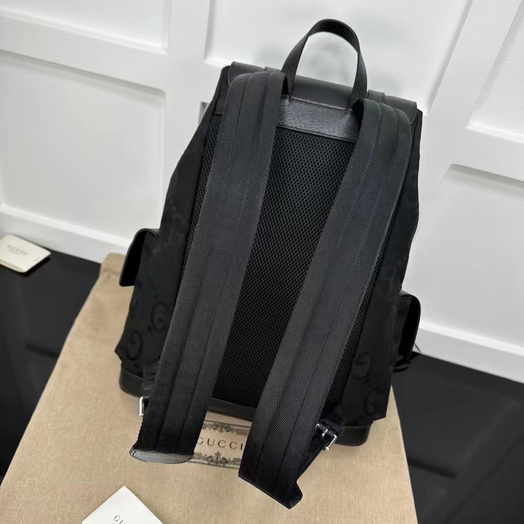 Gucci Unisex Jumbo GG Backpack Black Canvas Leather Cotton Linen