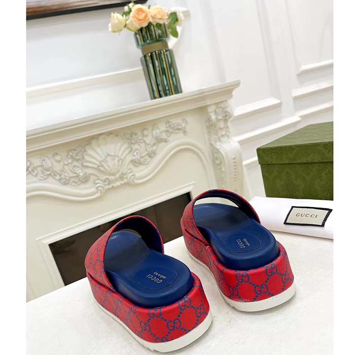 Gucci Unisex Jumbo GG Platform Slide Sandal Fuchsia Blue Supreme Low 3 Cm Heel