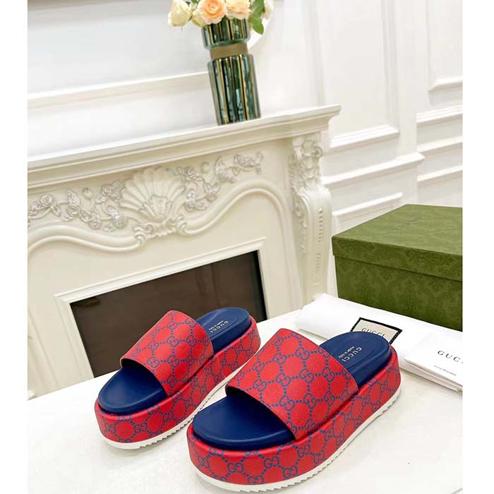 Gucci Unisex Jumbo GG Platform Slide Sandal Fuchsia Blue Supreme Low 3 Cm Heel