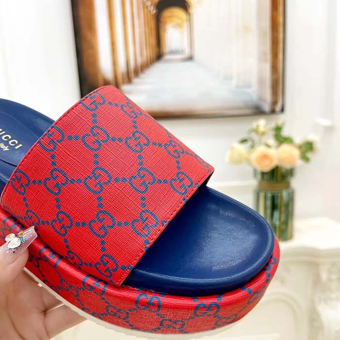Gucci Unisex Jumbo GG Platform Slide Sandal Fuchsia Blue Supreme Low 3 Cm Heel