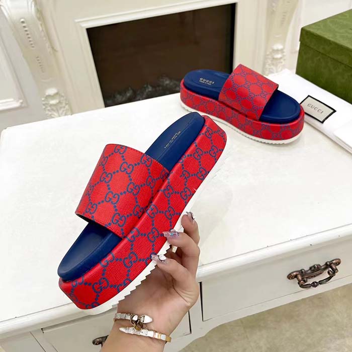 Gucci Unisex Jumbo GG Platform Slide Sandal Fuchsia Blue Supreme Low 3 Cm Heel