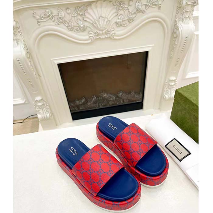 Gucci Unisex Jumbo GG Platform Slide Sandal Fuchsia Blue Supreme Low 3 Cm Heel