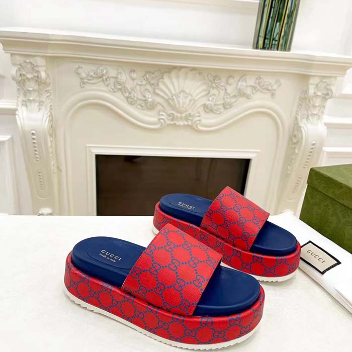 Gucci Unisex Jumbo GG Platform Slide Sandal Fuchsia Blue Supreme Low 3 Cm Heel