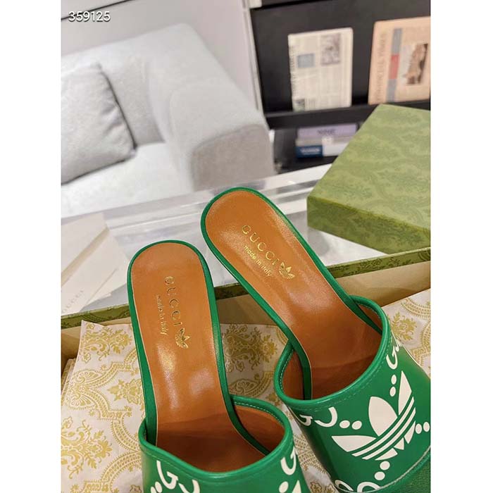 Gucci Women Adidas x Gucci Slide Sandal GG Trefoil Suede Green Leather