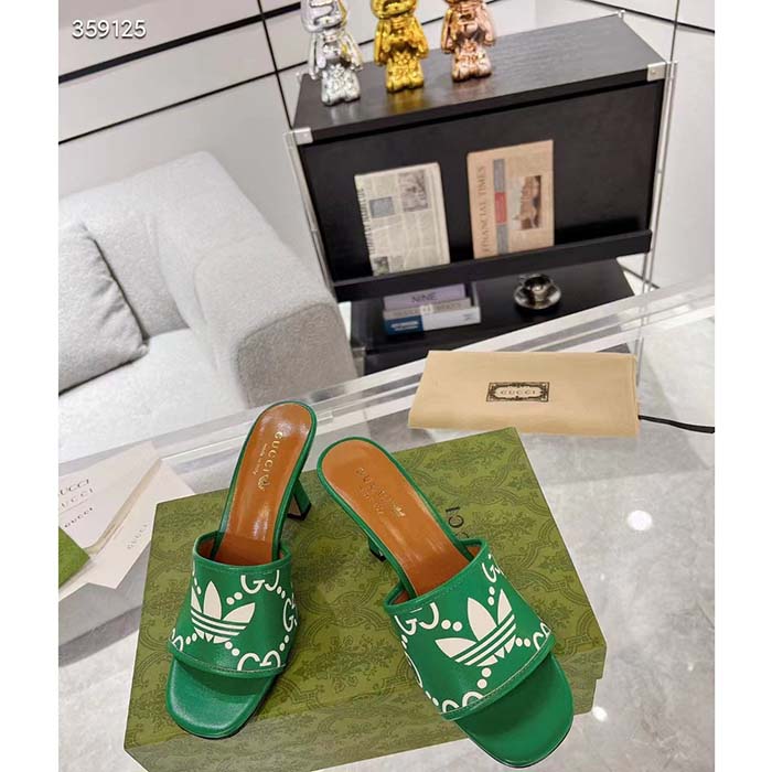 Gucci Women Adidas x Gucci Slide Sandal GG Trefoil Suede Green Leather