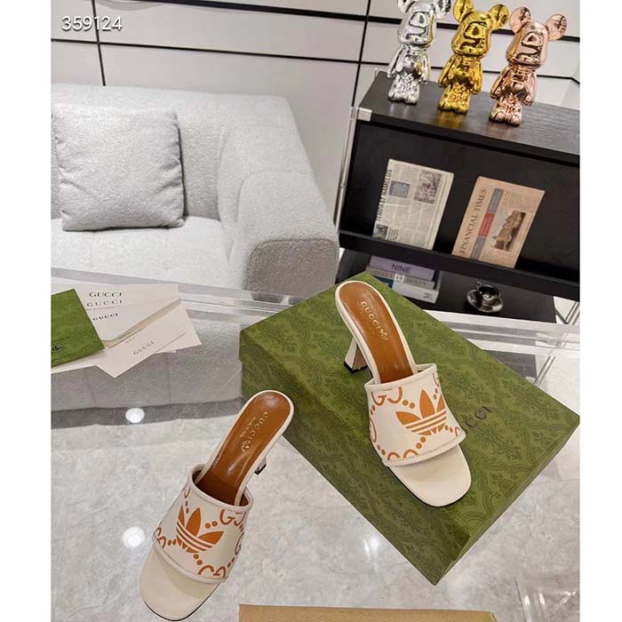 Gucci Women Adidas x Gucci Slide Sandal GG Trefoil Suede White Leather