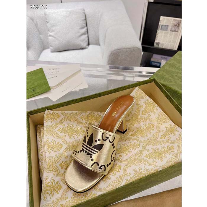 Gucci Women Adidas x Gucci Slide Sandal Gold Metallic GG Trefoil Smooth Leather