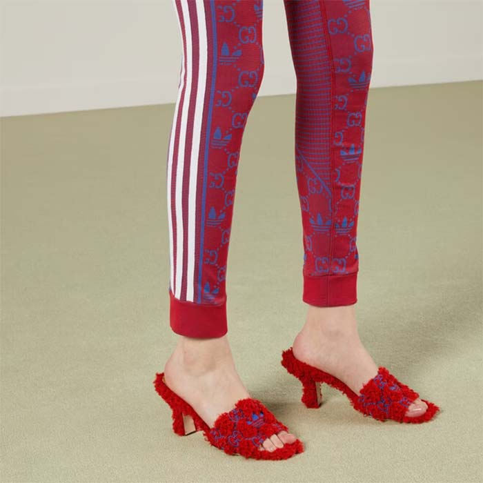 Gucci Women Adidas x Gucci Slide Sandal Red GG Trefoil Shearling-Effect Fabric