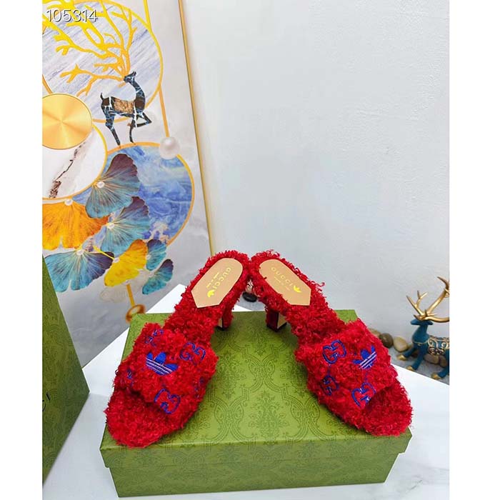 Gucci Women Adidas x Gucci Slide Sandal Red GG Trefoil Shearling-Effect Fabric