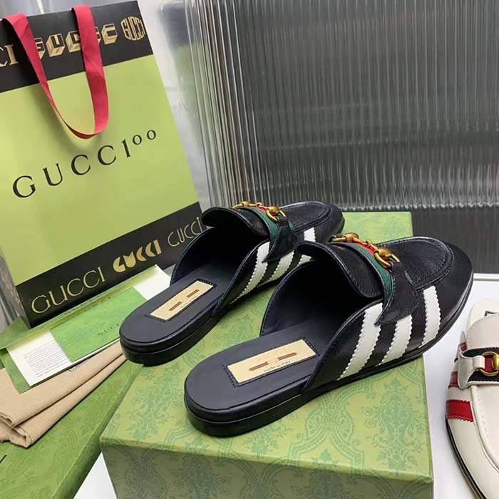 Gucci Women GG Adidas x Gucci Slipper Horsebit Black Leather Flat