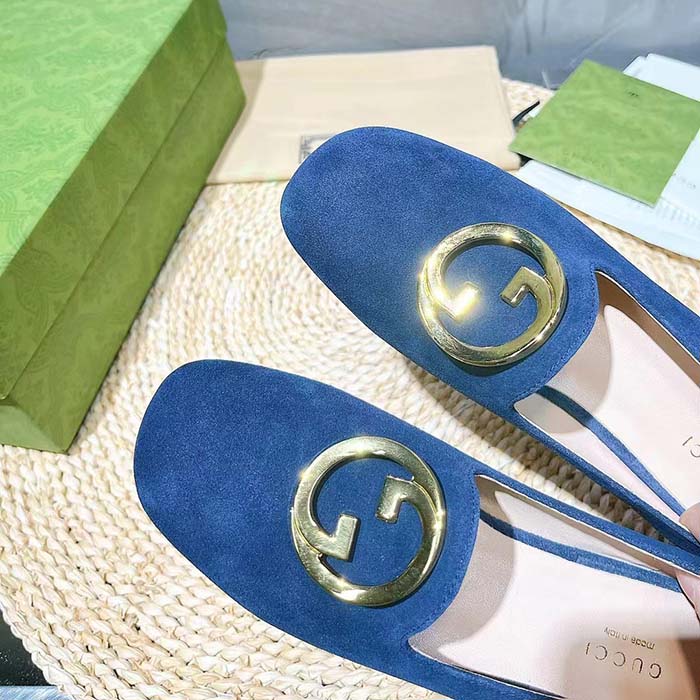 Gucci Women GG Blonde Ballet Flat Deep Blue Suede Round Interlocking G Leather Flat