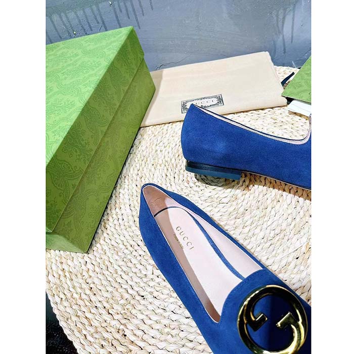 Gucci Women GG Blonde Ballet Flat Deep Blue Suede Round Interlocking G Leather Flat