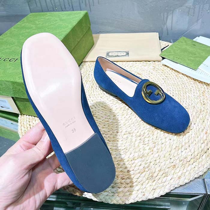 Gucci Women GG Blonde Ballet Flat Deep Blue Suede Round Interlocking G Leather Flat