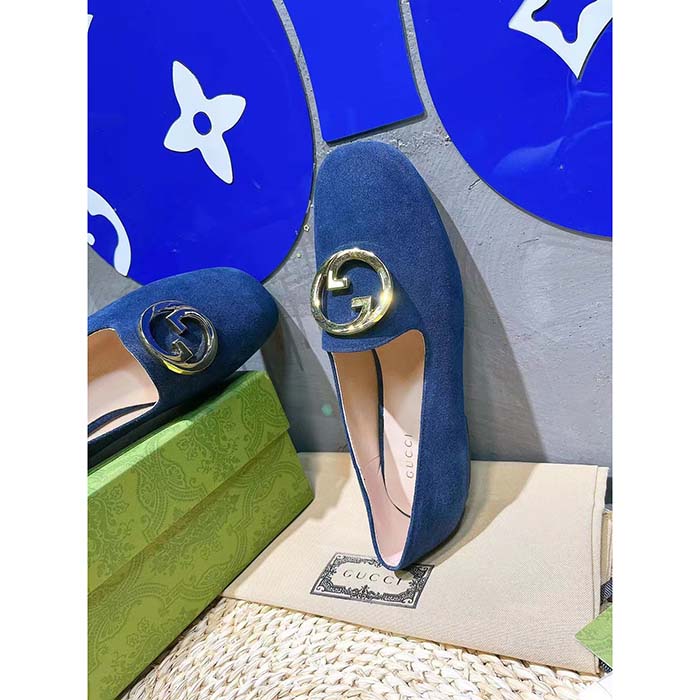 Gucci Women GG Blonde Ballet Flat Deep Blue Suede Round Interlocking G Leather Flat
