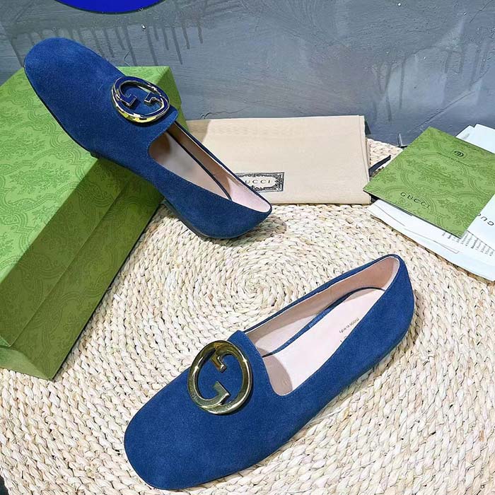 Gucci Women GG Blonde Ballet Flat Deep Blue Suede Round Interlocking G Leather Flat