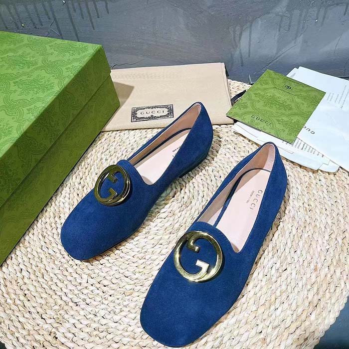 Gucci Women GG Blonde Ballet Flat Deep Blue Suede Round Interlocking G Leather Flat