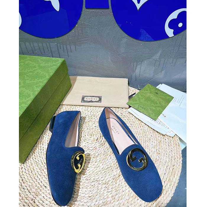 Gucci Women GG Blonde Ballet Flat Deep Blue Suede Round Interlocking G Leather Flat