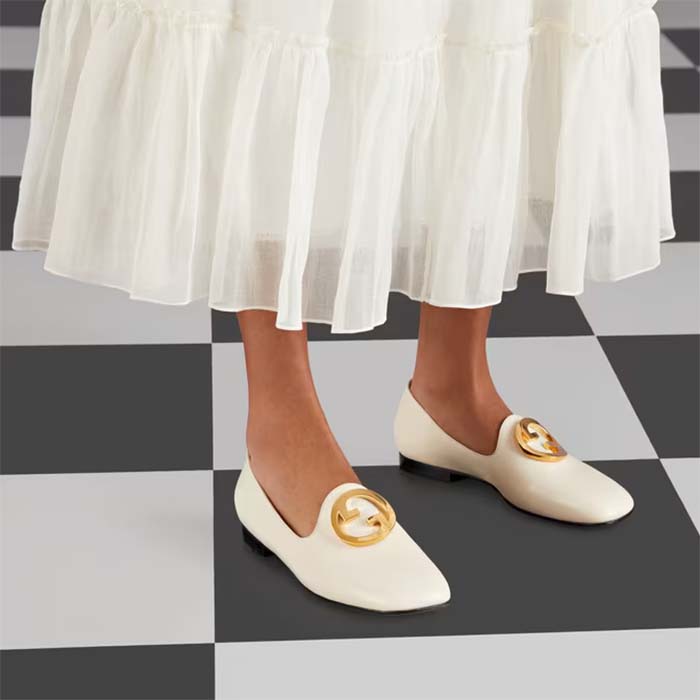 Gucci Women GG Blonde Ballet Flat White Round Interlocking G Leather