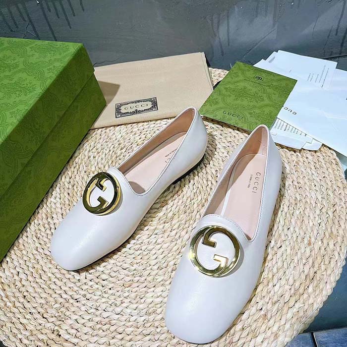 Gucci Women GG Blonde Ballet Flat White Round Interlocking G Leather