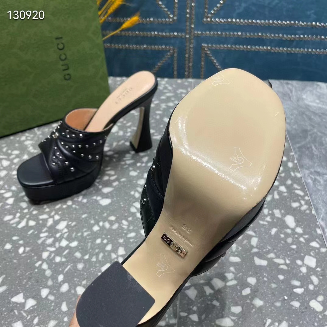 Gucci Women GG Heeled Slide Sandals Black Leather Studs Spool High 15 Cm Heel