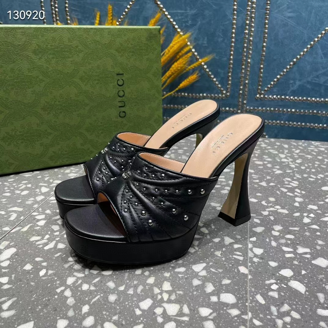 Gucci Women GG Heeled Slide Sandals Black Leather Studs Spool High 15 Cm Heel