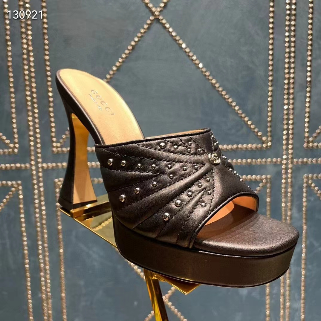 Gucci Women GG Heeled Slide Sandals Black Leather Studs Spool High 15 Cm Heel