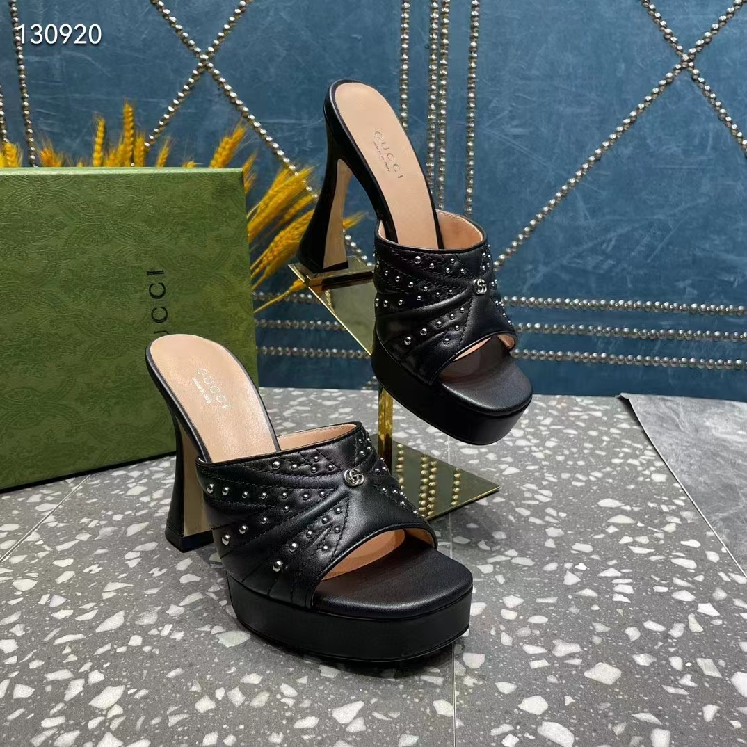Gucci Women GG Heeled Slide Sandals Black Leather Studs Spool High 15 Cm Heel