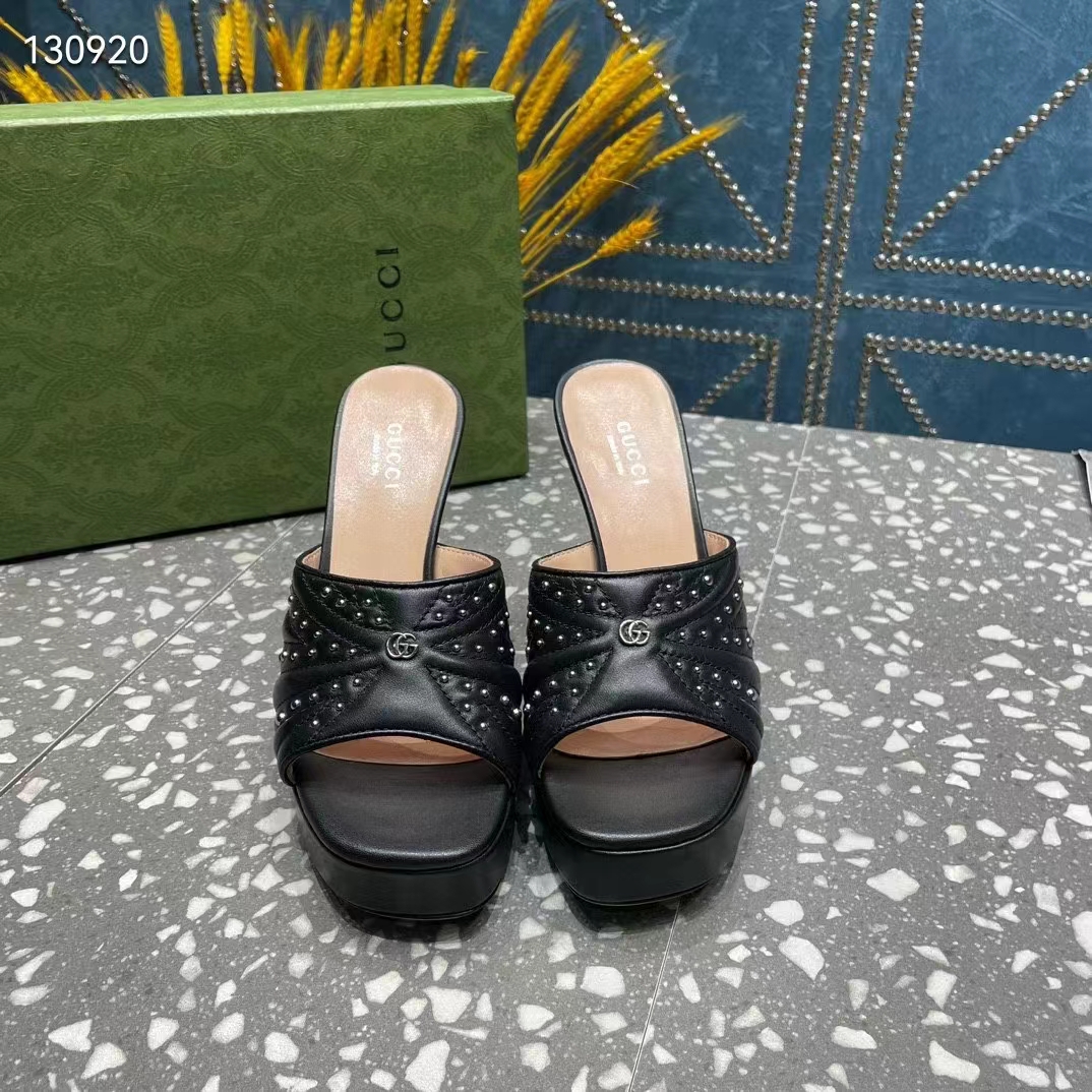 Gucci Women GG Heeled Slide Sandals Black Leather Studs Spool High 15 Cm Heel