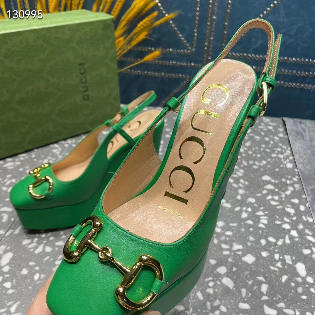 Gucci Women GG High Heel Pump Horsebit Green Leather Sole 12 Cm Heel