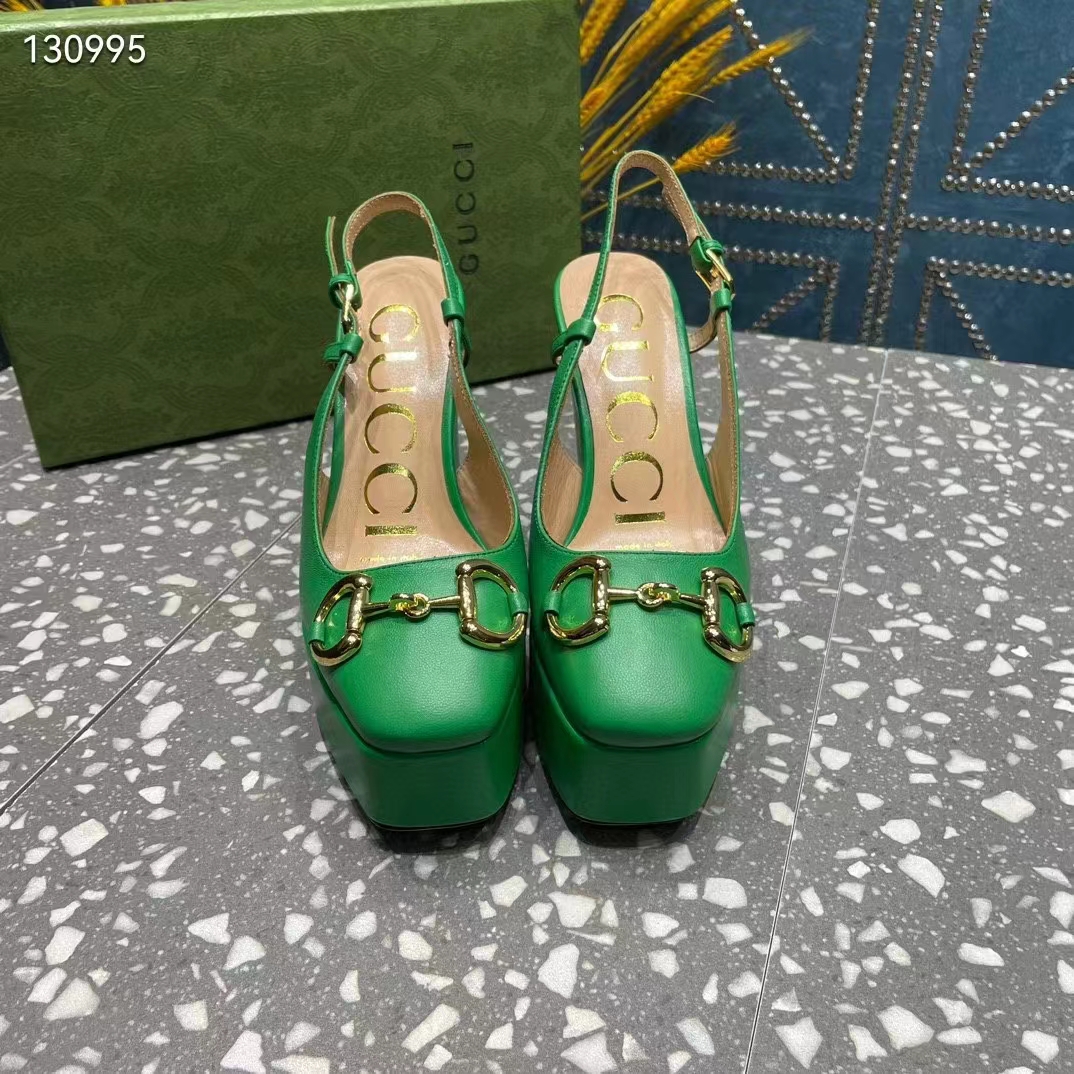 Gucci Women GG High Heel Pump Horsebit Green Leather Sole 12 Cm Heel