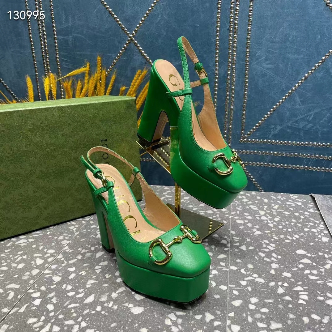 Gucci Women GG High Heel Pump Horsebit Green Leather Sole 12 Cm Heel