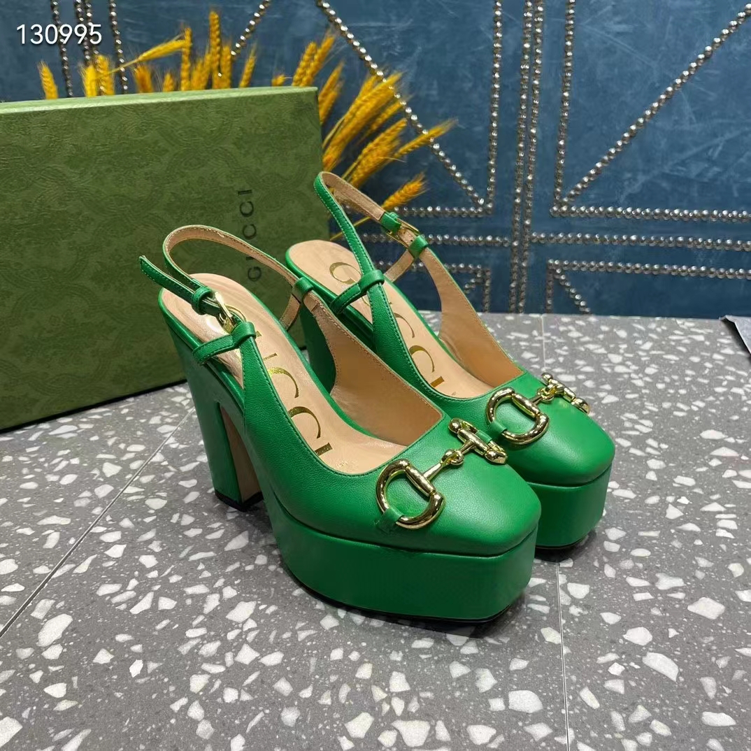 Gucci Women GG High Heel Pump Horsebit Green Leather Sole 12 Cm Heel