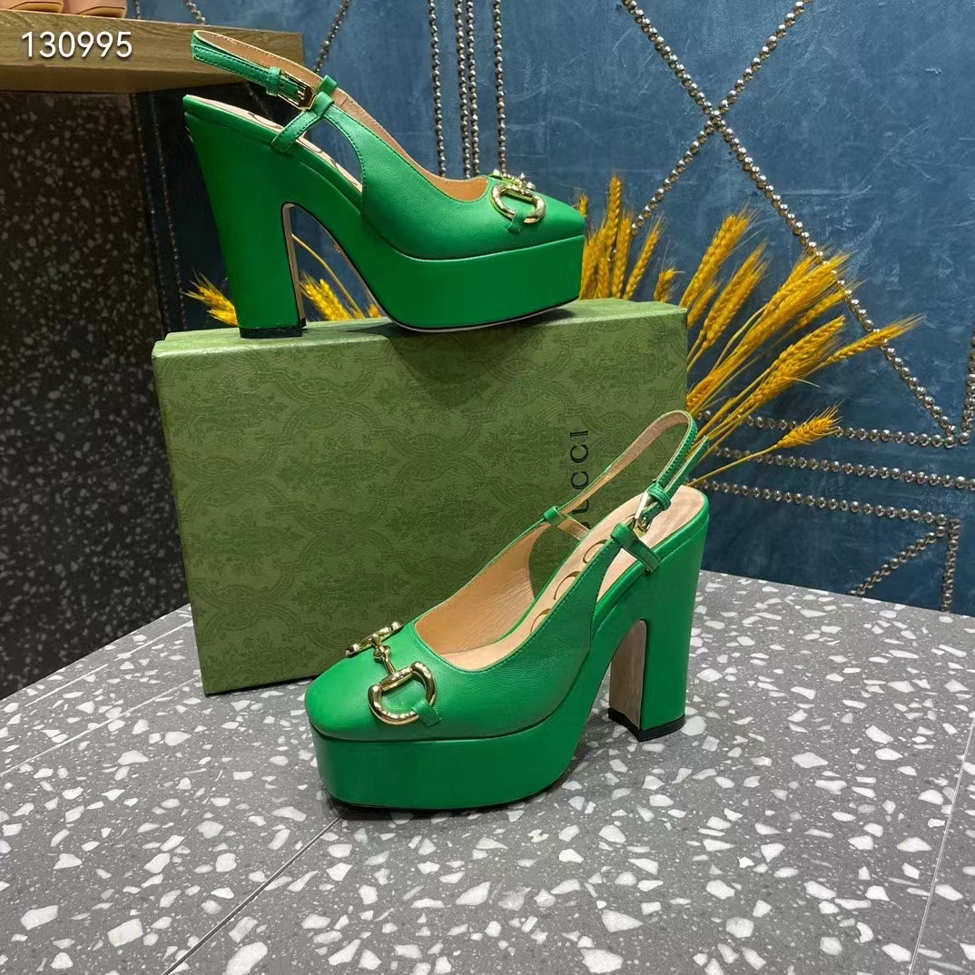 Gucci Women GG High Heel Pump Horsebit Green Leather Sole 12 Cm Heel