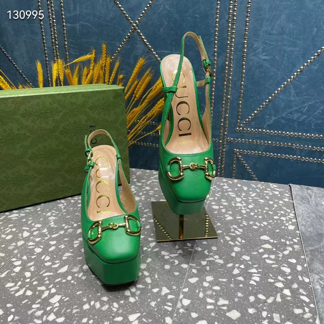 Gucci Women GG High Heel Pump Horsebit Green Leather Sole 12 Cm Heel
