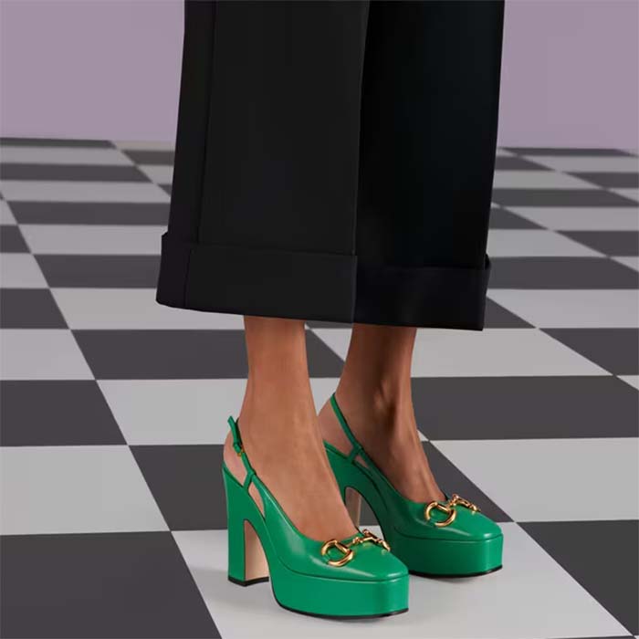 Gucci Women GG High Heel Pump Horsebit Green Leather Sole 12 Cm Heel